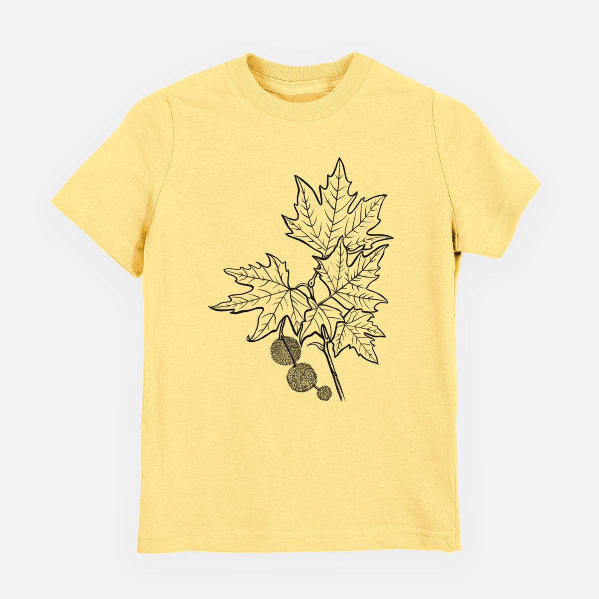 Butter yellow youth t-shirt laid flat, printed with a black ink illustration of an oriental plane tree branch with lobed leaves and round seed balls.