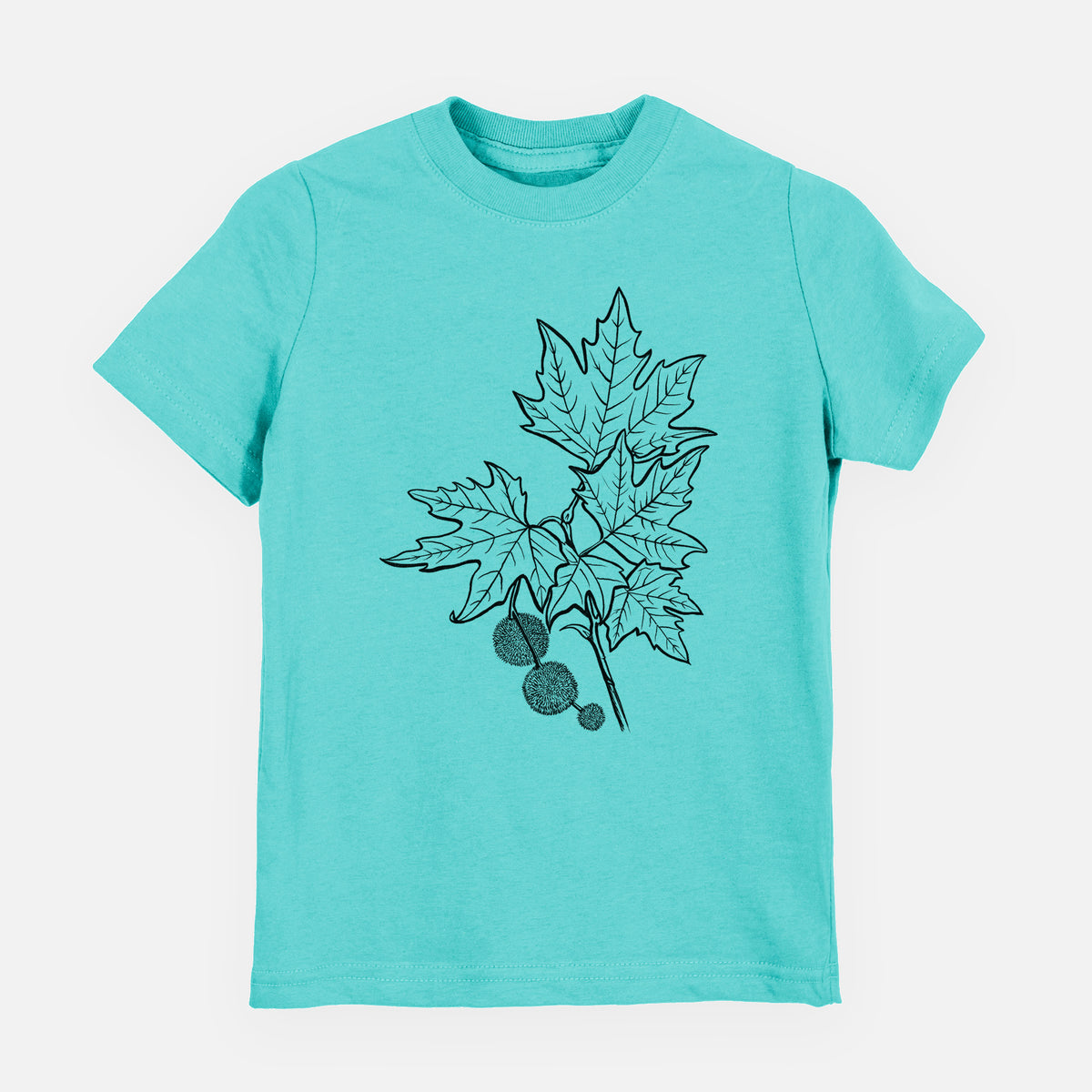 Caribbean blue youth t-shirt laid flat, printed with a black ink illustration of an oriental plane tree branch with lobed leaves and round seed balls.