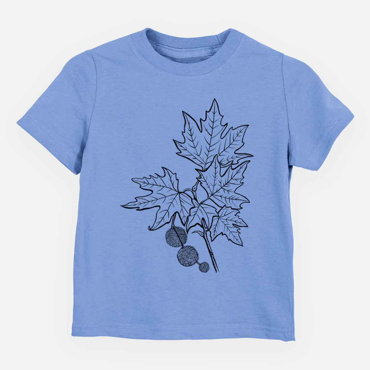 Carolina blue toddler t-shirt laid flat, printed with a black ink illustration of an oriental plane tree branch with lobed leaves and round seed balls.