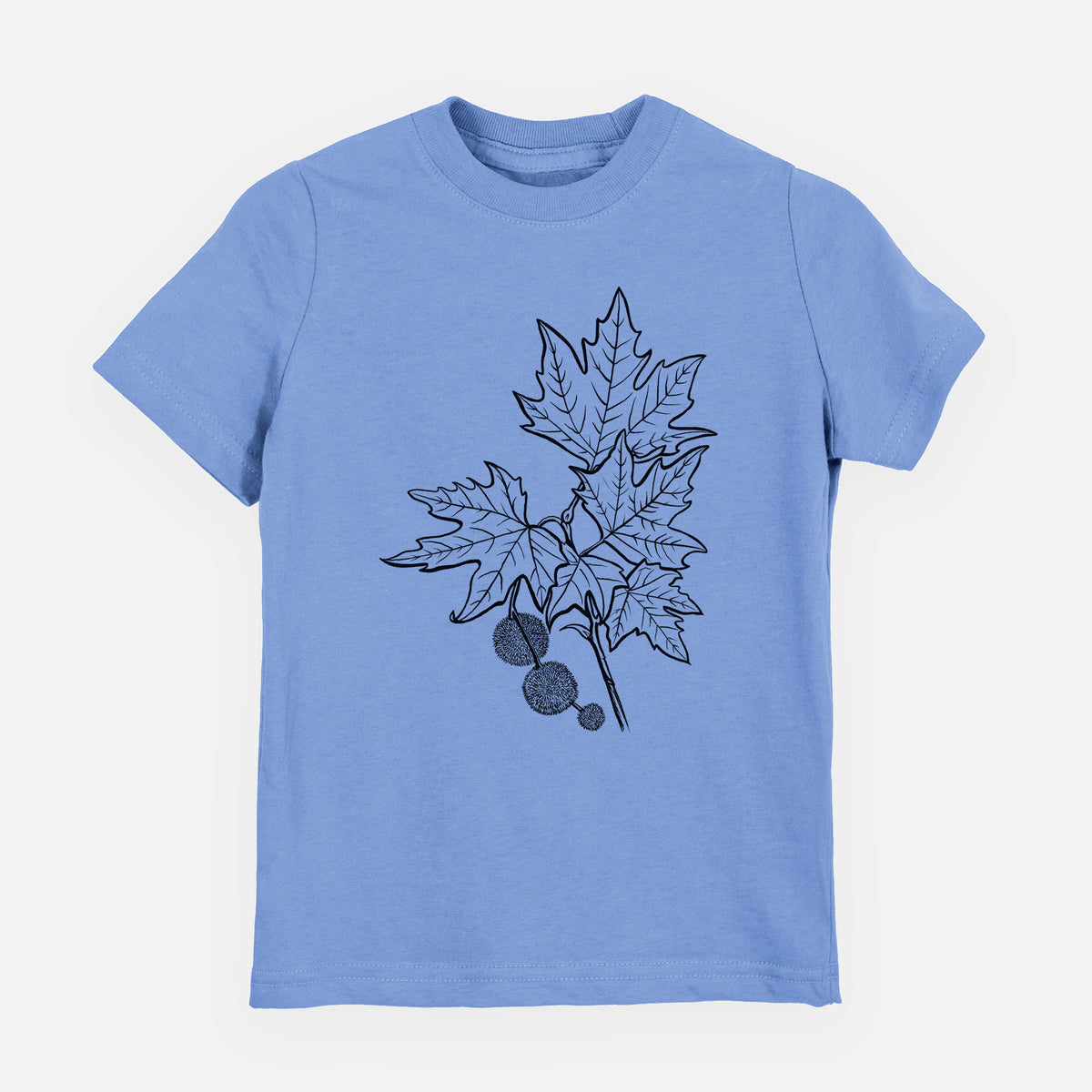 Carolina blue youth t-shirt laid flat, printed with a black ink illustration of an oriental plane tree branch with lobed leaves and round seed balls.
