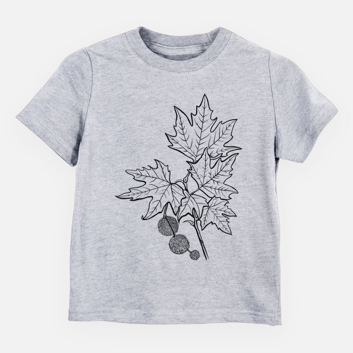 Heather grey toddler t-shirt laid flat, printed with a black ink illustration of an oriental plane tree branch with lobed leaves and round seed balls.