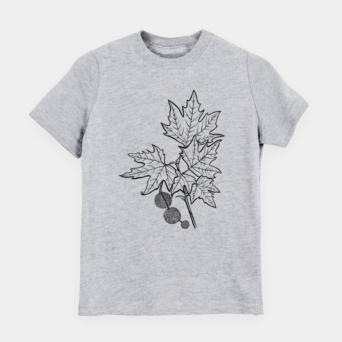 Heather grey youth t-shirt laid flat, printed with a black ink illustration of an oriental plane tree branch with lobed leaves and round seed balls.