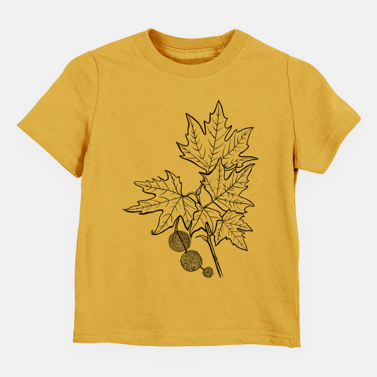 Honeycomb yellow toddler t-shirt laid flat, printed with a black ink illustration of an oriental plane tree branch with lobed leaves and round seed balls.