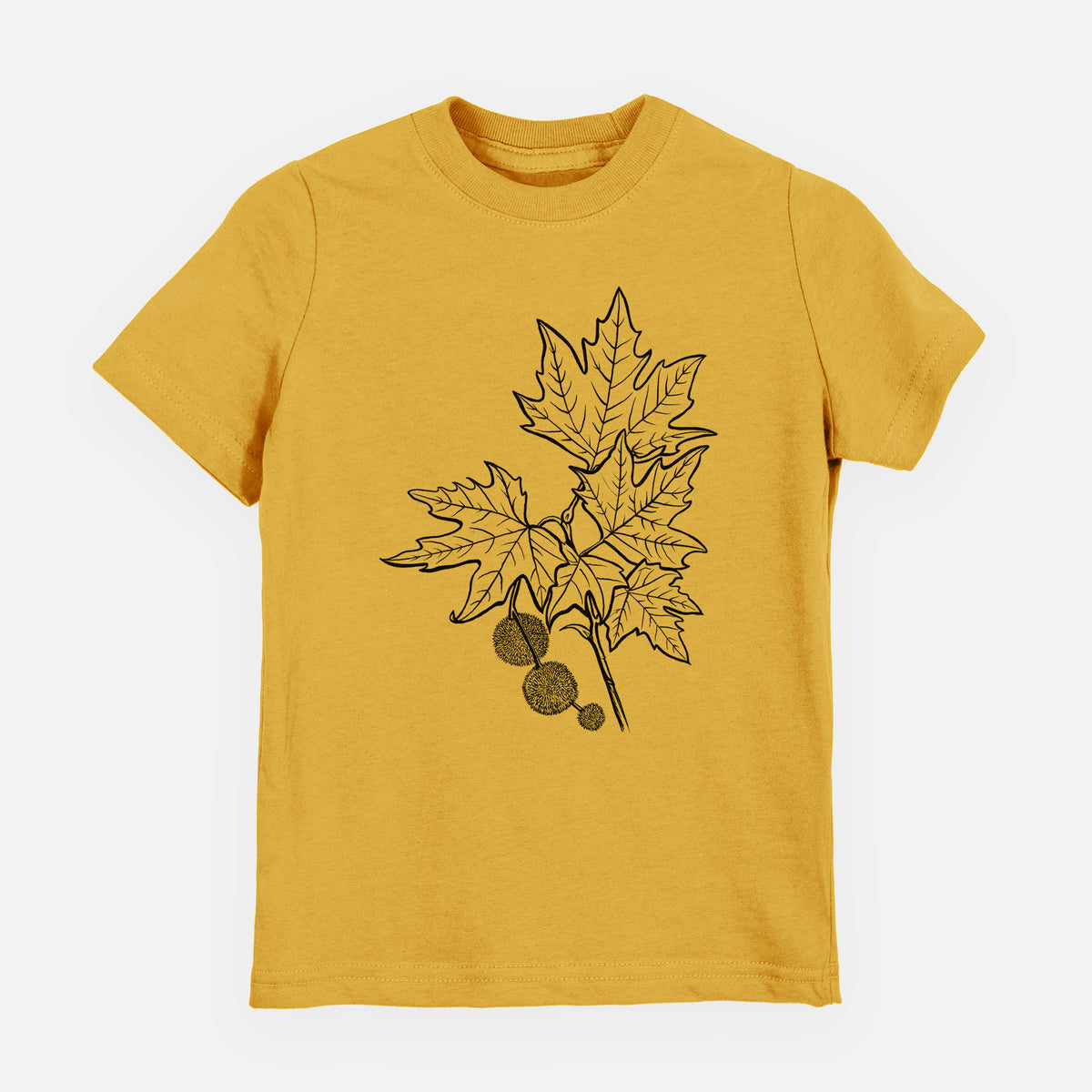 Honeycomb yellow youth t-shirt laid flat, printed with a black ink illustration of an oriental plane tree branch with lobed leaves and round seed balls.