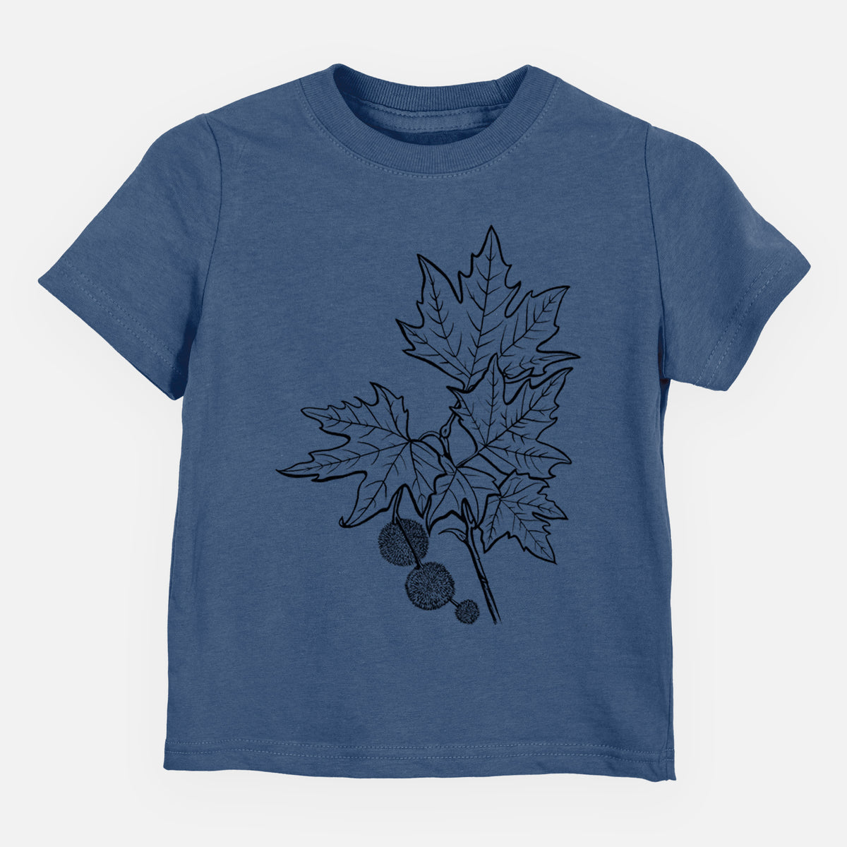 Indigo blue toddler t-shirt laid flat, printed with a black ink illustration of an oriental plane tree branch with lobed leaves and round seed balls.
