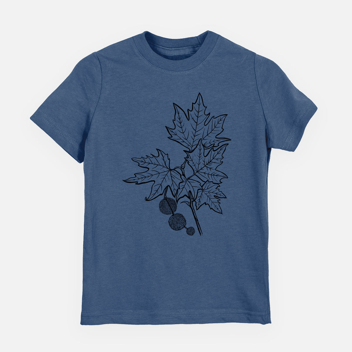 Indigo blue youth t-shirt laid flat, printed with a black ink illustration of an oriental plane tree branch with lobed leaves and round seed balls.