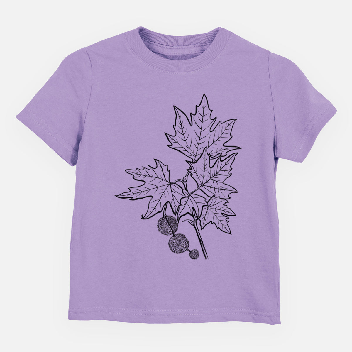 Lavender toddler t-shirt laid flat, printed with a black ink illustration of an oriental plane tree branch with lobed leaves and round seed balls.