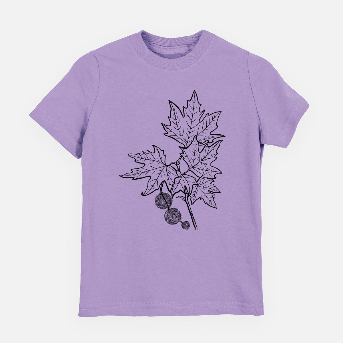 Lavender youth t-shirt laid flat, printed with a black ink illustration of an oriental plane tree branch with lobed leaves and round seed balls.