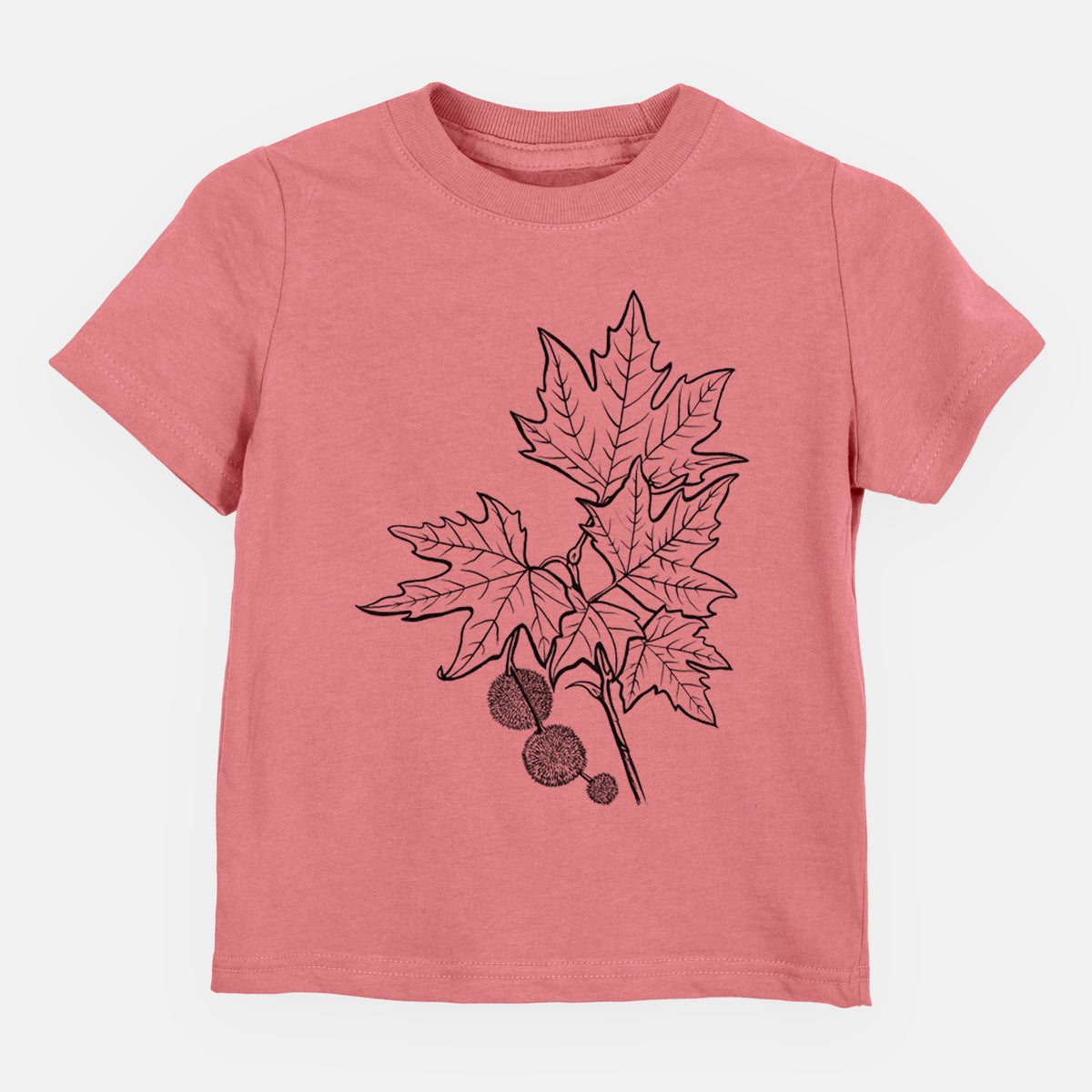 Mauve pink toddler t-shirt laid flat, printed with a black ink illustration of an oriental plane tree branch with lobed leaves and round seed balls.