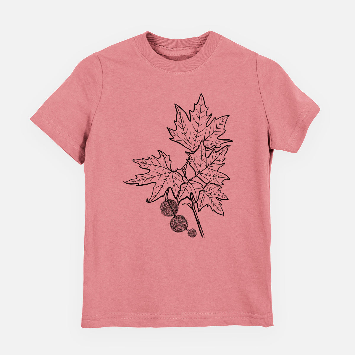Mauve pink youth t-shirt laid flat, printed with a black ink illustration of an oriental plane tree branch with lobed leaves and round seed balls.