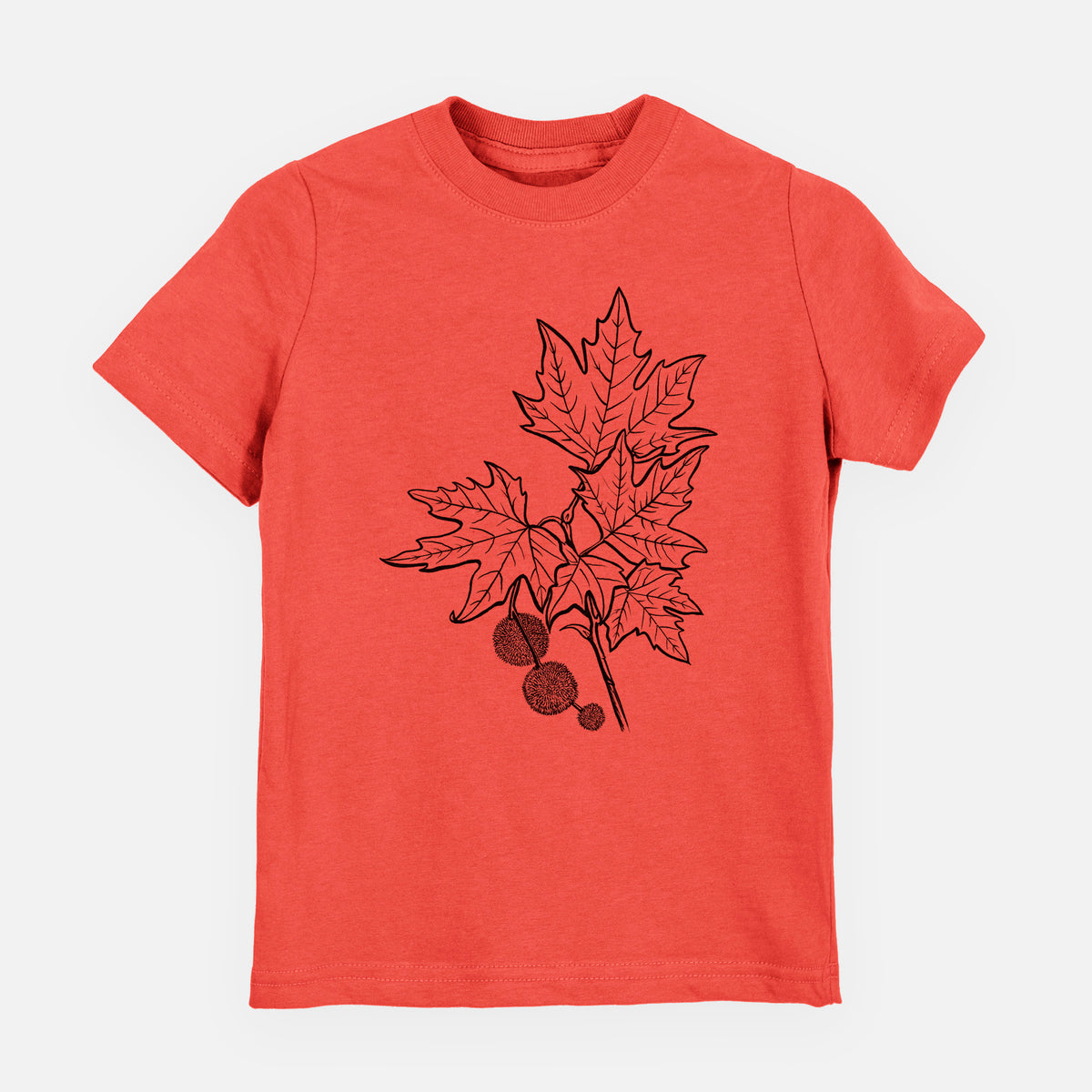Passionfruit pink youth t-shirt laid flat, printed with a black ink illustration of an oriental plane tree branch with lobed leaves and round seed balls.