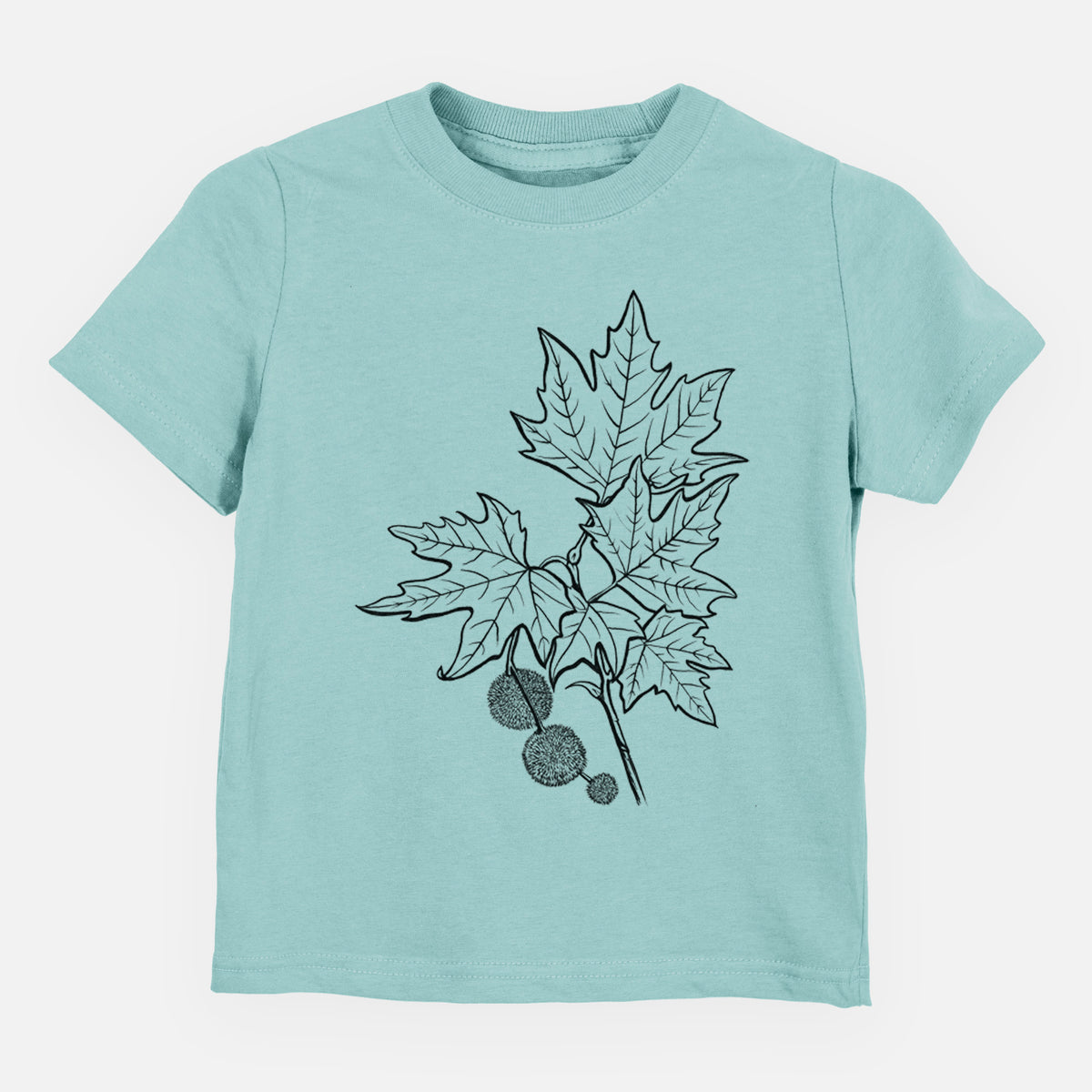 Saltwater toddler t-shirt laid flat, printed with a black ink illustration of an oriental plane tree branch with lobed leaves and round seed balls.