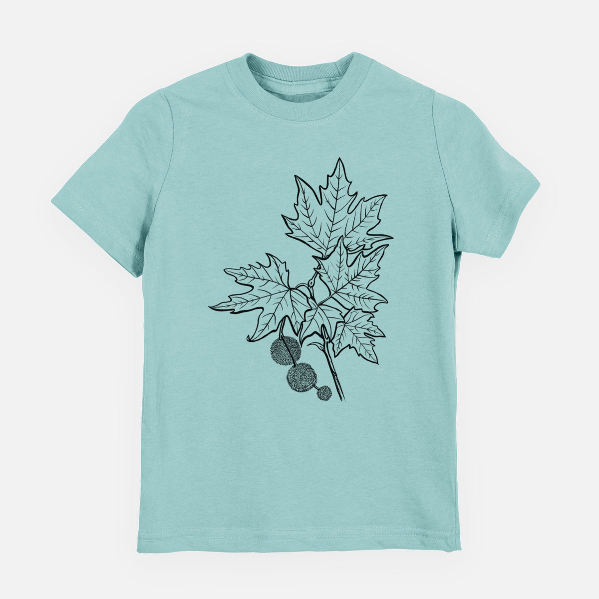 Saltwater youth t-shirt laid flat, printed with a black ink illustration of an oriental plane tree branch with lobed leaves and round seed balls.