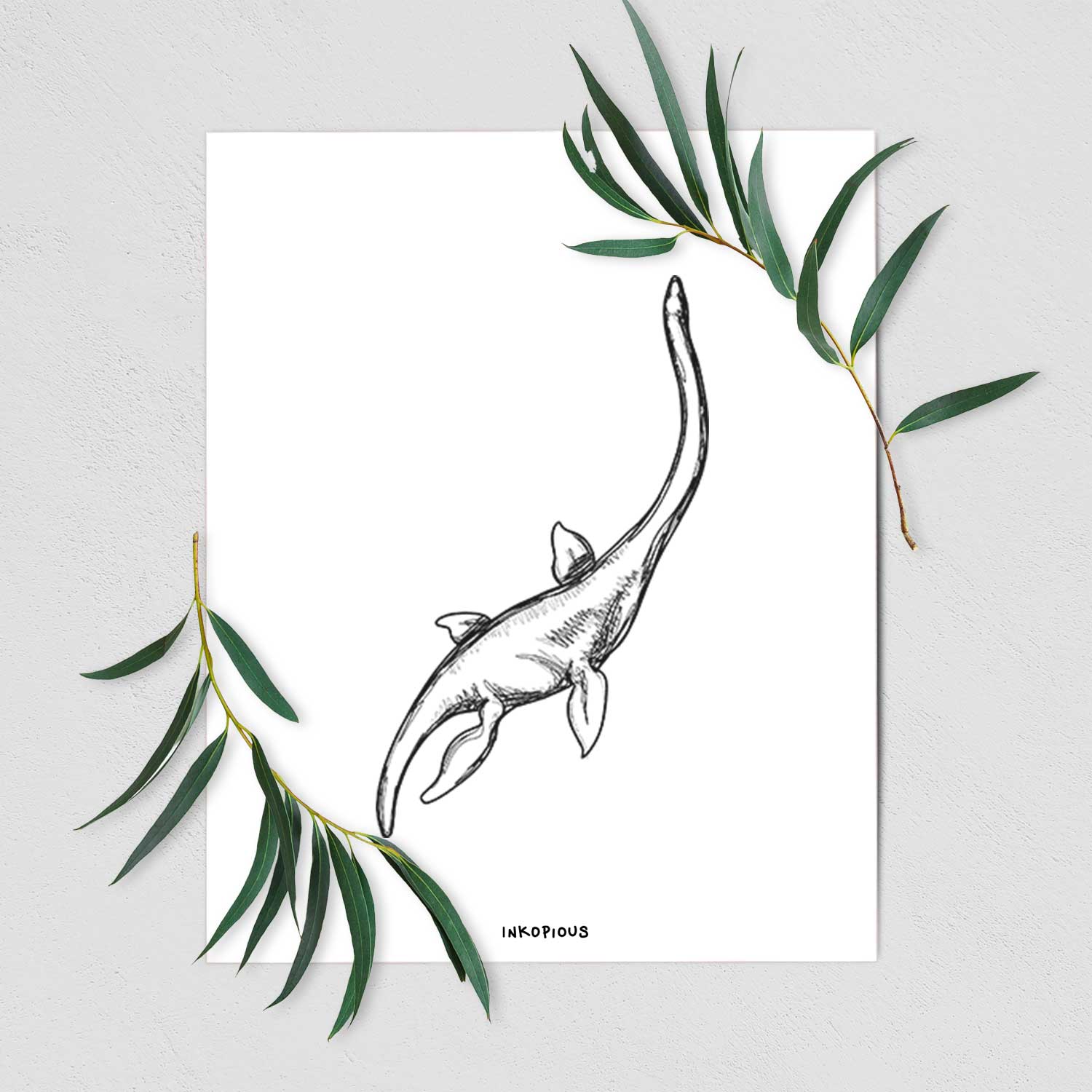Art print of a black ink illustration of a long-necked plesiosaur swimming, shown with eucalyptus leaves.