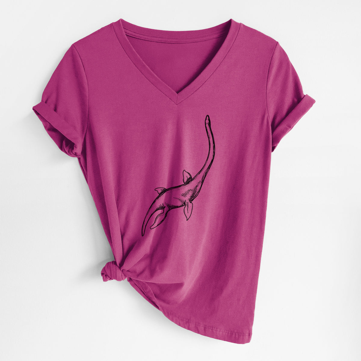 Berry pink women's relaxed fit cotton V-neck t-shirt laid flat, printed with a black ink illustration of a long-necked plesiosaur swimming.