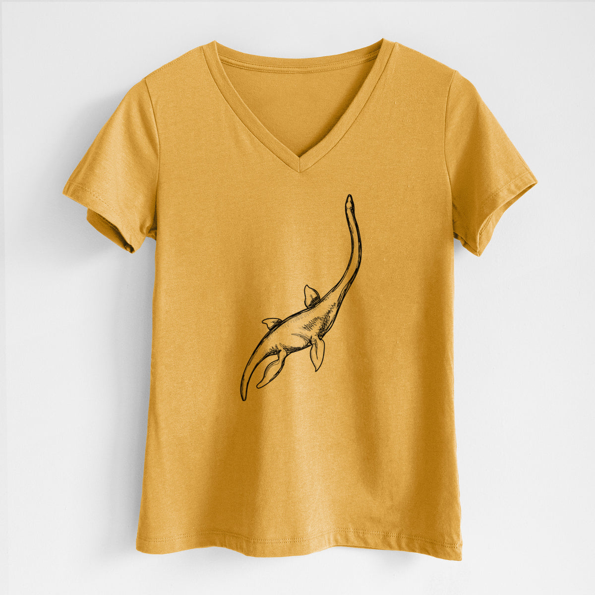 Honeycomb yellow women's relaxed fit cotton V-neck t-shirt laid flat, printed with a black ink illustration of a long-necked plesiosaur swimming.