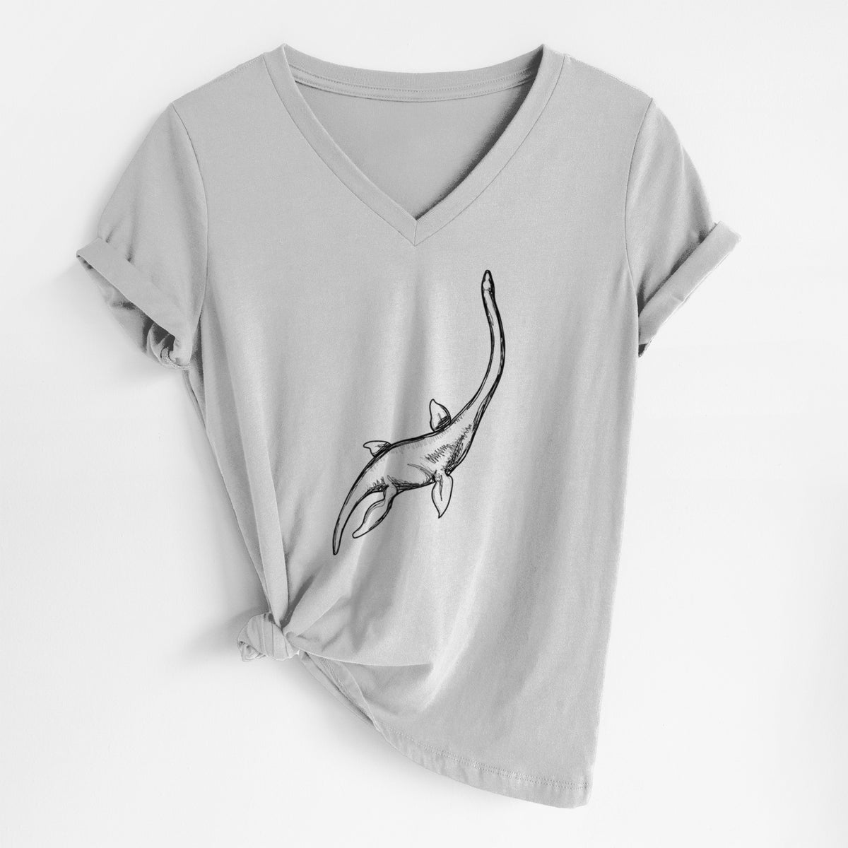 Lunar grey women's relaxed fit cotton V-neck t-shirt laid flat, printed with a black ink illustration of a long-necked plesiosaur swimming.