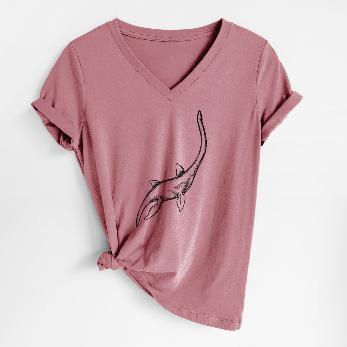Mauve pink women's relaxed fit cotton V-neck t-shirt laid flat, printed with a black ink illustration of a long-necked plesiosaur swimming.