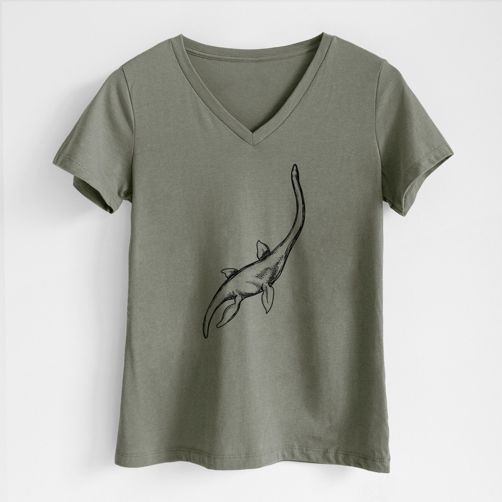 Turquoise women's relaxed fit cotton V-neck t-shirt laid flat, printed with a black ink illustration of a long-necked plesiosaur swimming.