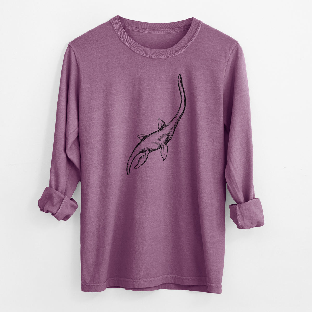 Berry pink Comfort Colors long sleeve shirt laid flat with the cuffs rolled, printed with a black ink illustration of a long-necked plesiosaur swimming.