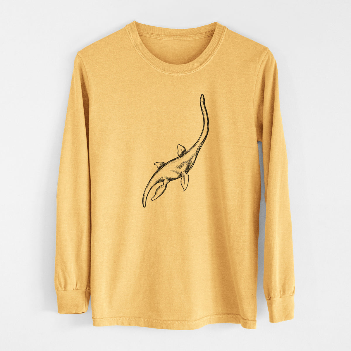 Golden wheat yellow Comfort Colors long sleeve shirt laid flat, printed with a black ink illustration of a long-necked plesiosaur swimming.