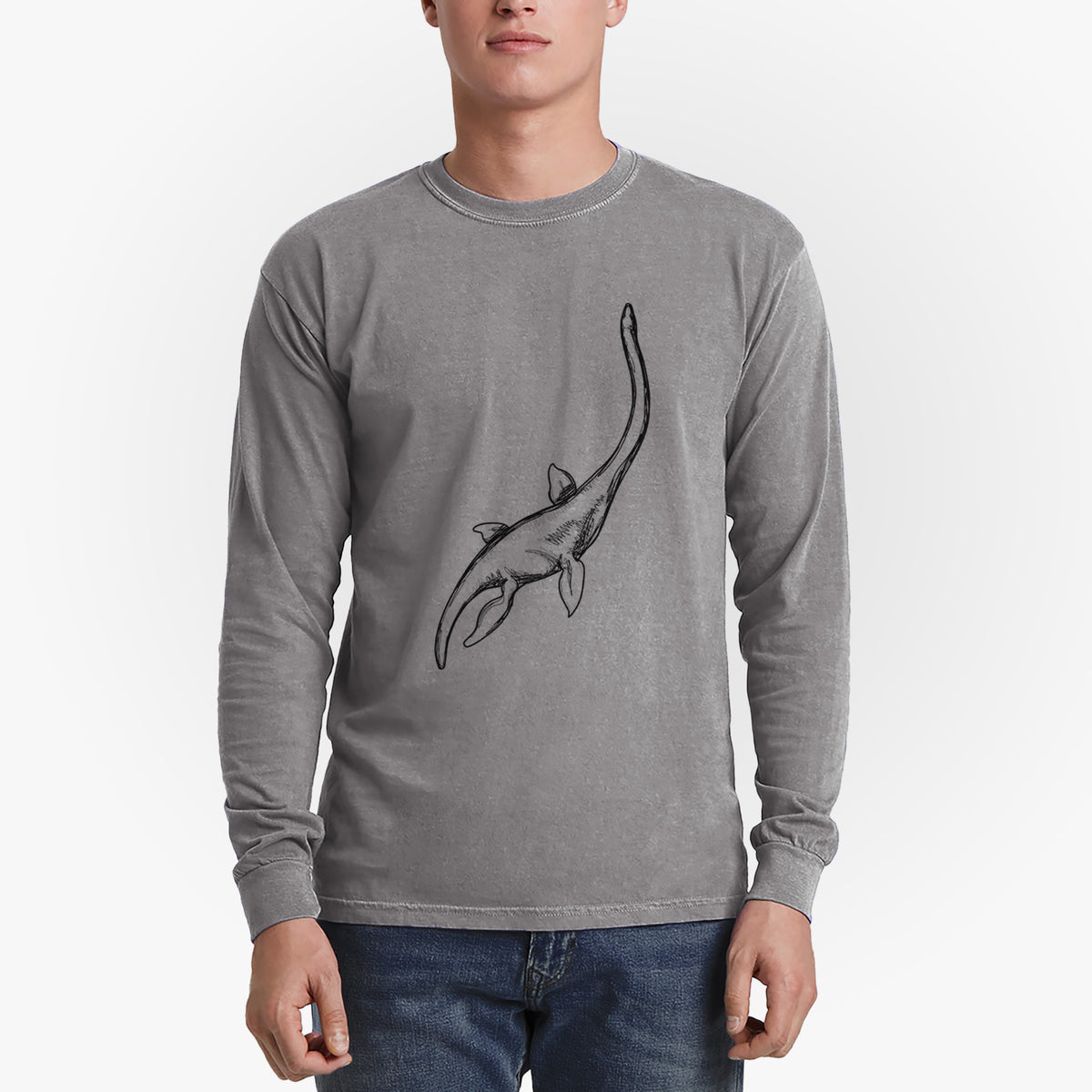 Man wearing a grey Comfort Colors long sleeve shirt printed with a black ink illustration of a long-necked plesiosaur swimming.