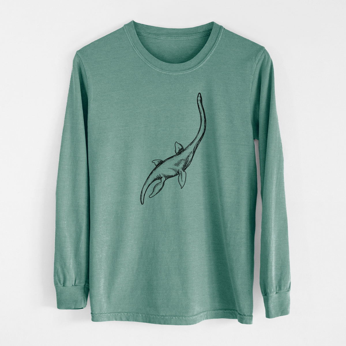 Pine green Comfort Colors long sleeve shirt laid flat, printed with a black ink illustration of a long-necked plesiosaur swimming.