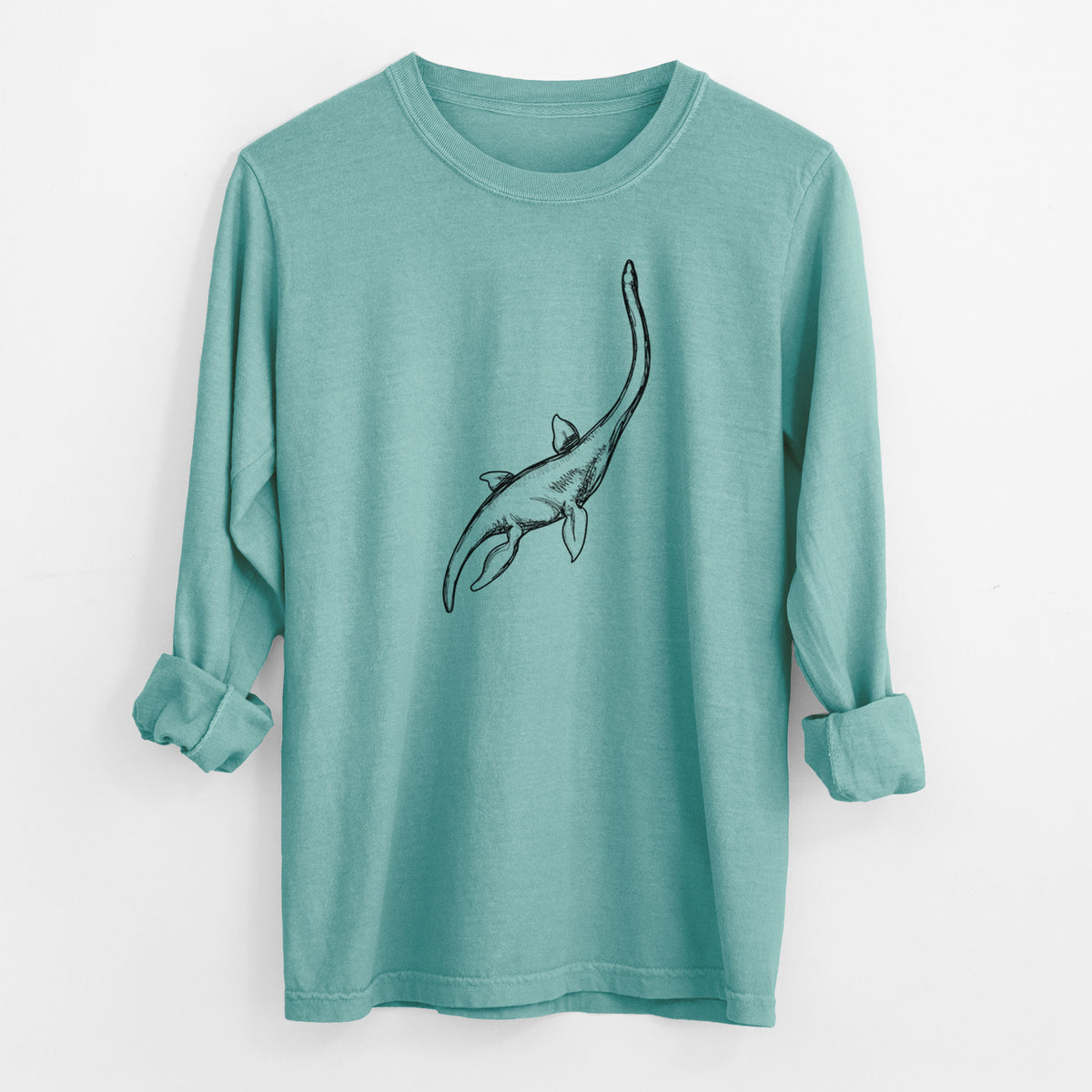 Reef green Comfort Colors long sleeve shirt laid flat with the cuffs rolled, printed with a black ink illustration of a long-necked plesiosaur swimming.
