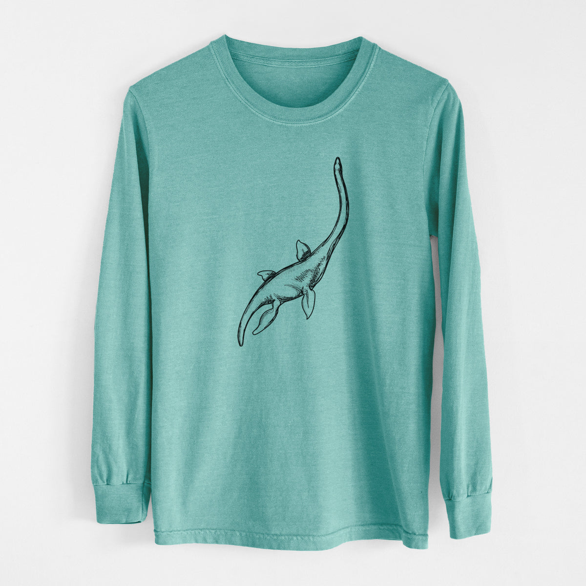 Reef green Comfort Colors long sleeve shirt laid flat, printed with a black ink illustration of a long-necked plesiosaur swimming.