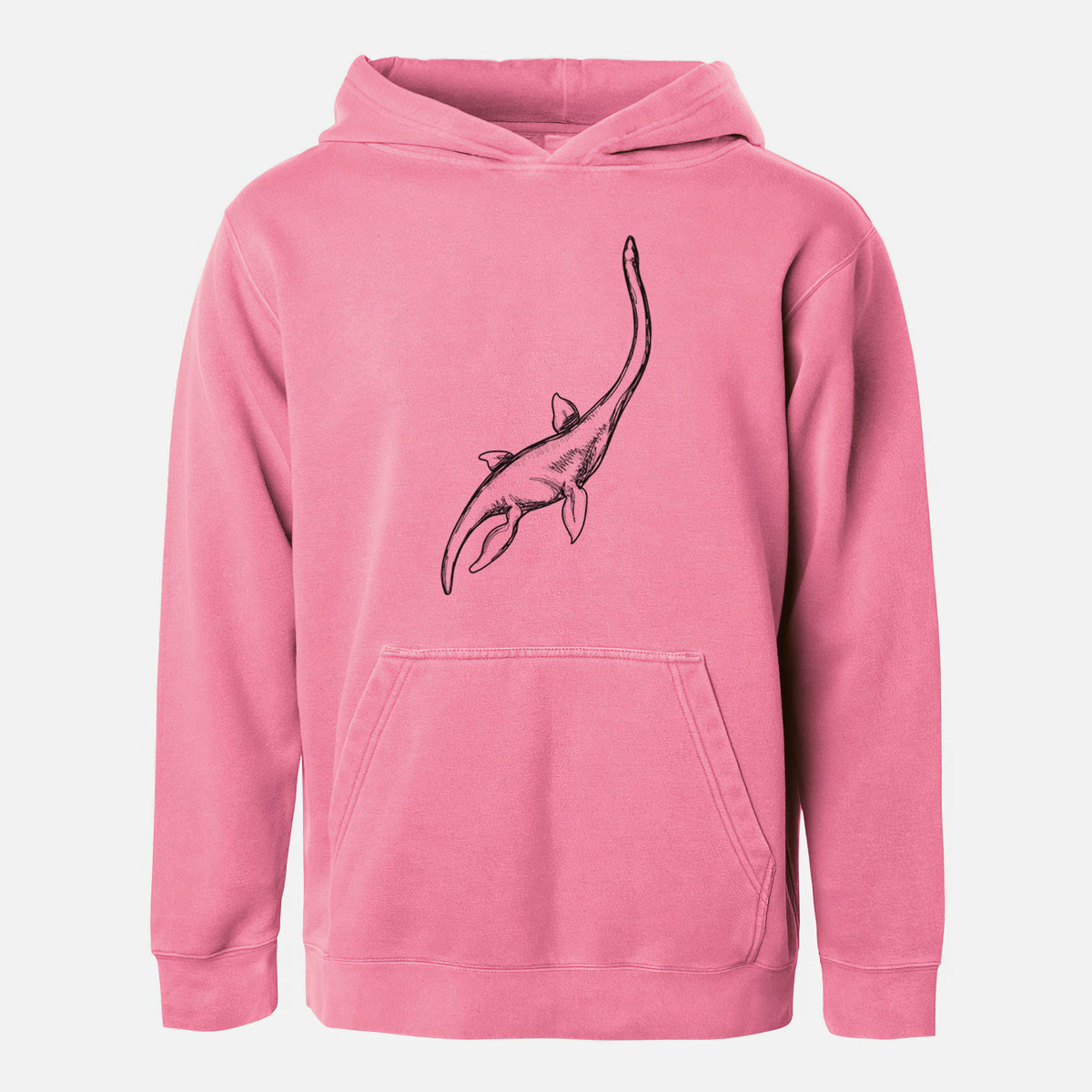 Pigment pink youth pigment dyed hoodie laid flat, printed with a black ink illustration of a long-necked plesiosaur swimming.