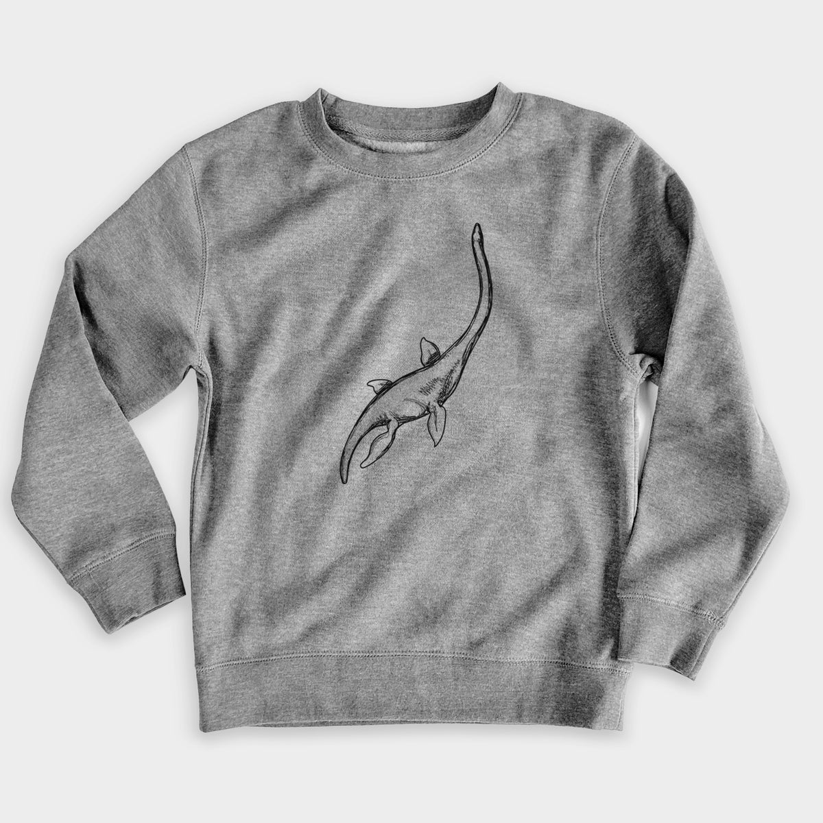 Nickel grey youth crewneck sweatshirt laid flat, printed with a black ink illustration of a long-necked plesiosaur swimming.
