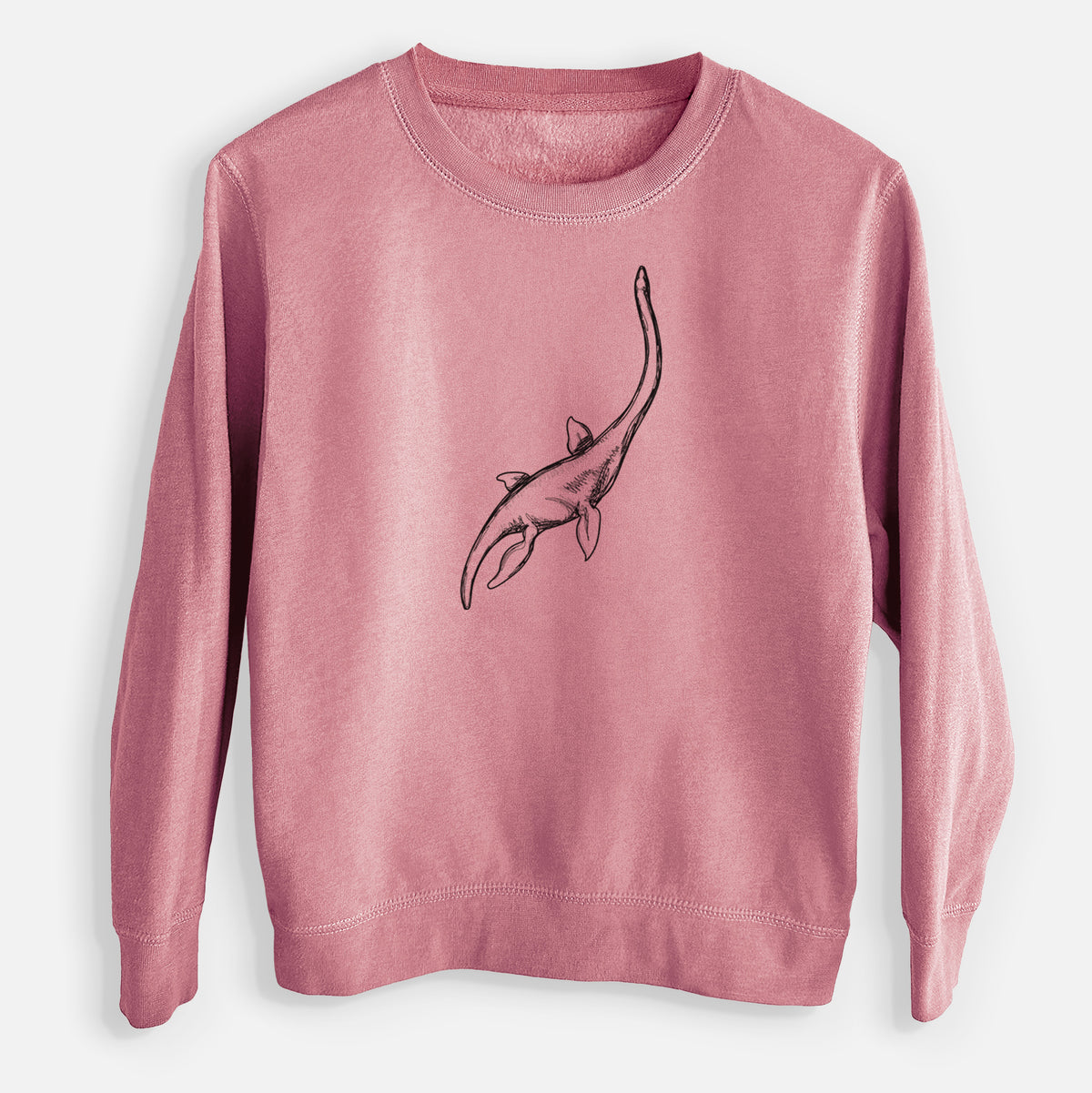 Mauve pink youth crewneck sweatshirt laid flat, printed with a black ink illustration of a long-necked plesiosaur swimming.