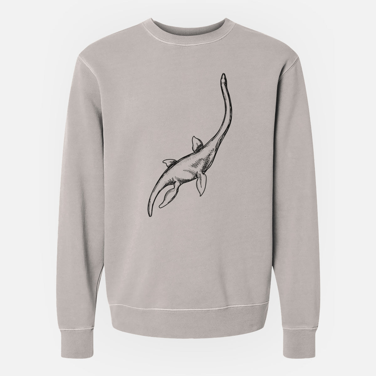 Cement grey pigment dyed crewneck sweatshirt laid flat, printed with a black ink illustration of a long-necked plesiosaur swimming.