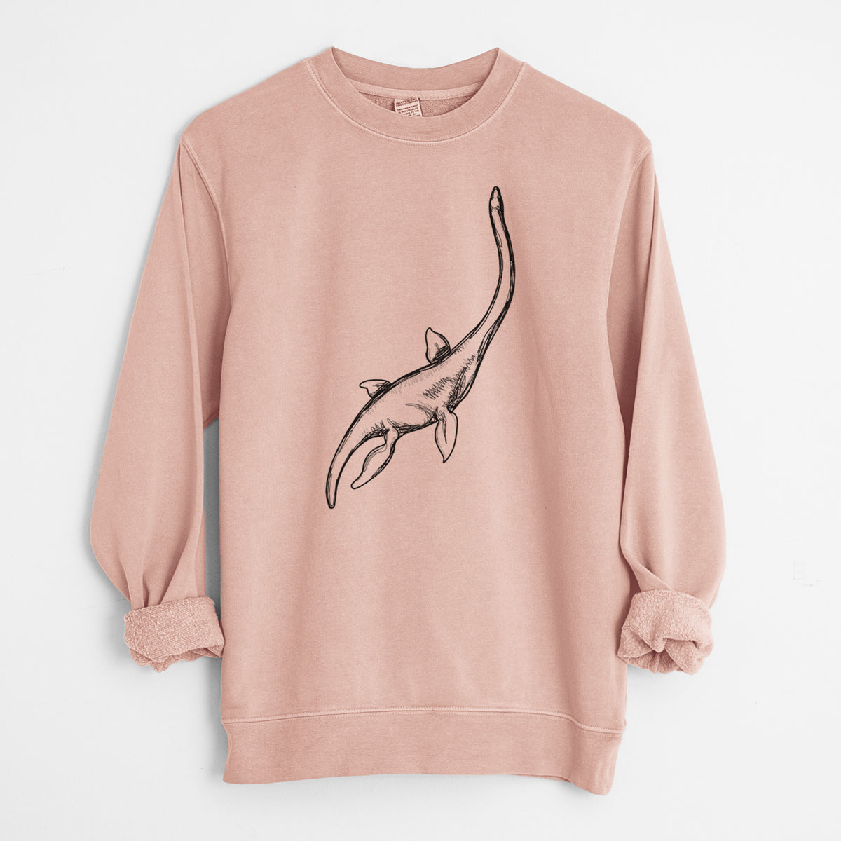 Dusty pink pigment dyed crewneck sweatshirt laid flat with the sleeves rolled, printed with a black ink illustration of a long-necked plesiosaur swimming.