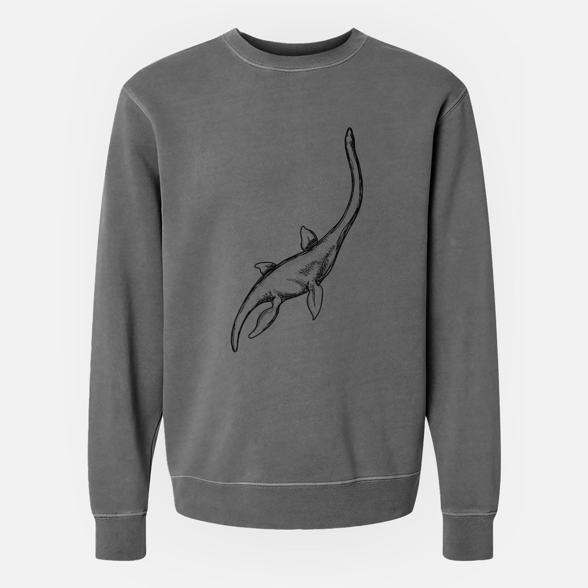 Faded black pigment dyed crewneck sweatshirt laid flat, printed with a black ink illustration of a long-necked plesiosaur swimming.