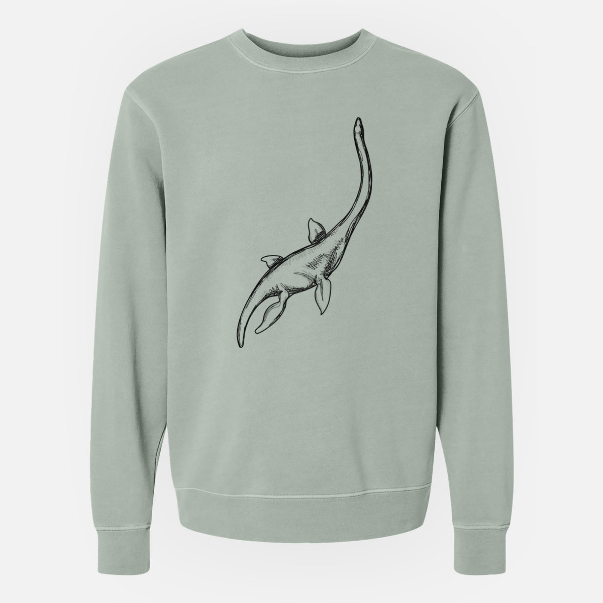 Sage green pigment dyed crewneck sweatshirt laid flat, printed with a black ink illustration of a long-necked plesiosaur swimming.