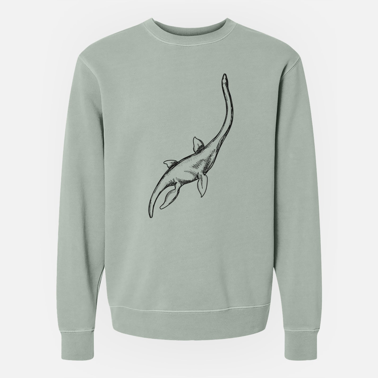 Sage green pigment dyed crewneck sweatshirt laid flat, printed with a black ink illustration of a long-necked plesiosaur swimming.