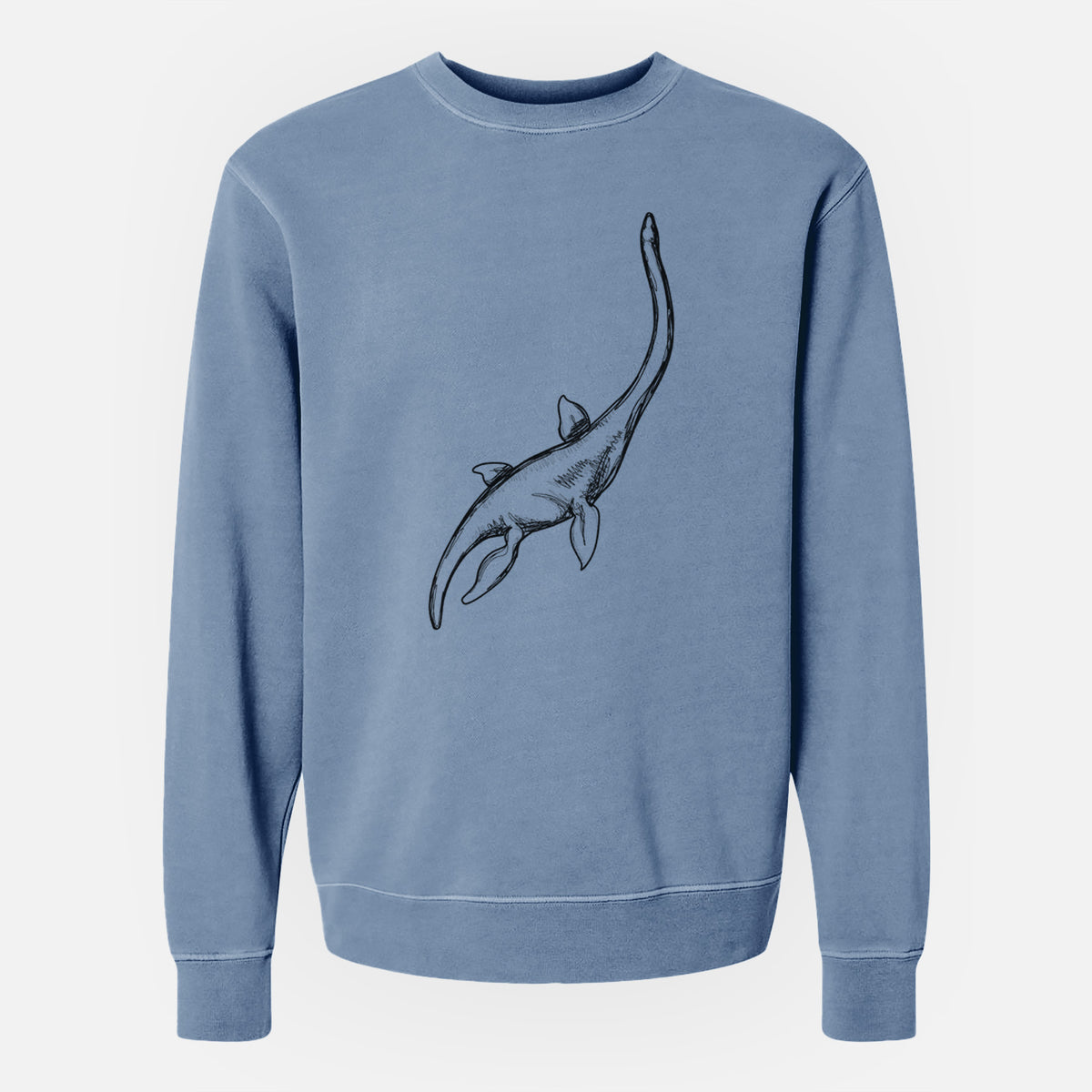 Slate blue pigment dyed crewneck sweatshirt laid flat, printed with a black ink illustration of a long-necked plesiosaur swimming.