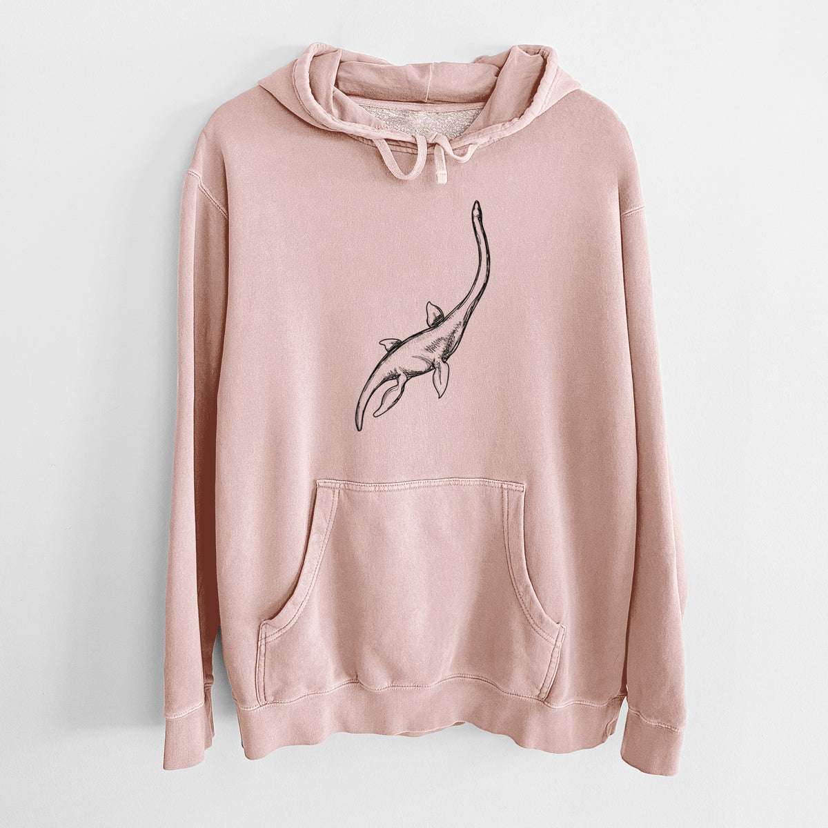 Dusty pink pigment dyed hoodie laid flat, printed with a black ink illustration of a long-necked plesiosaur swimming.