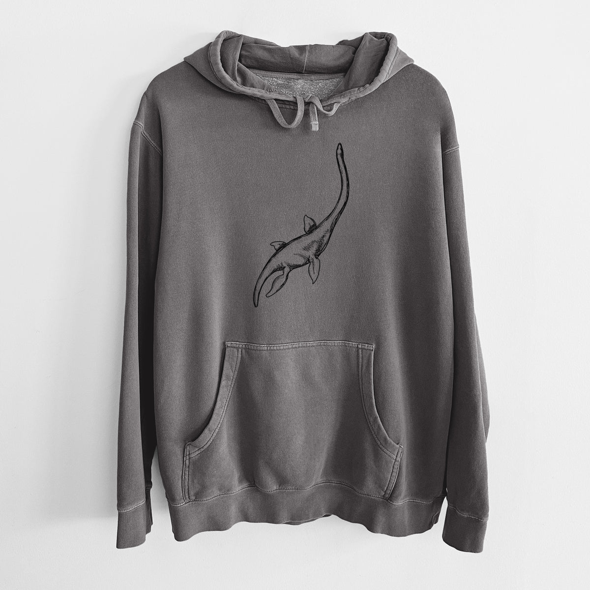 Faded black pigment dyed hoodie laid flat, printed with a black ink illustration of a long-necked plesiosaur swimming.
