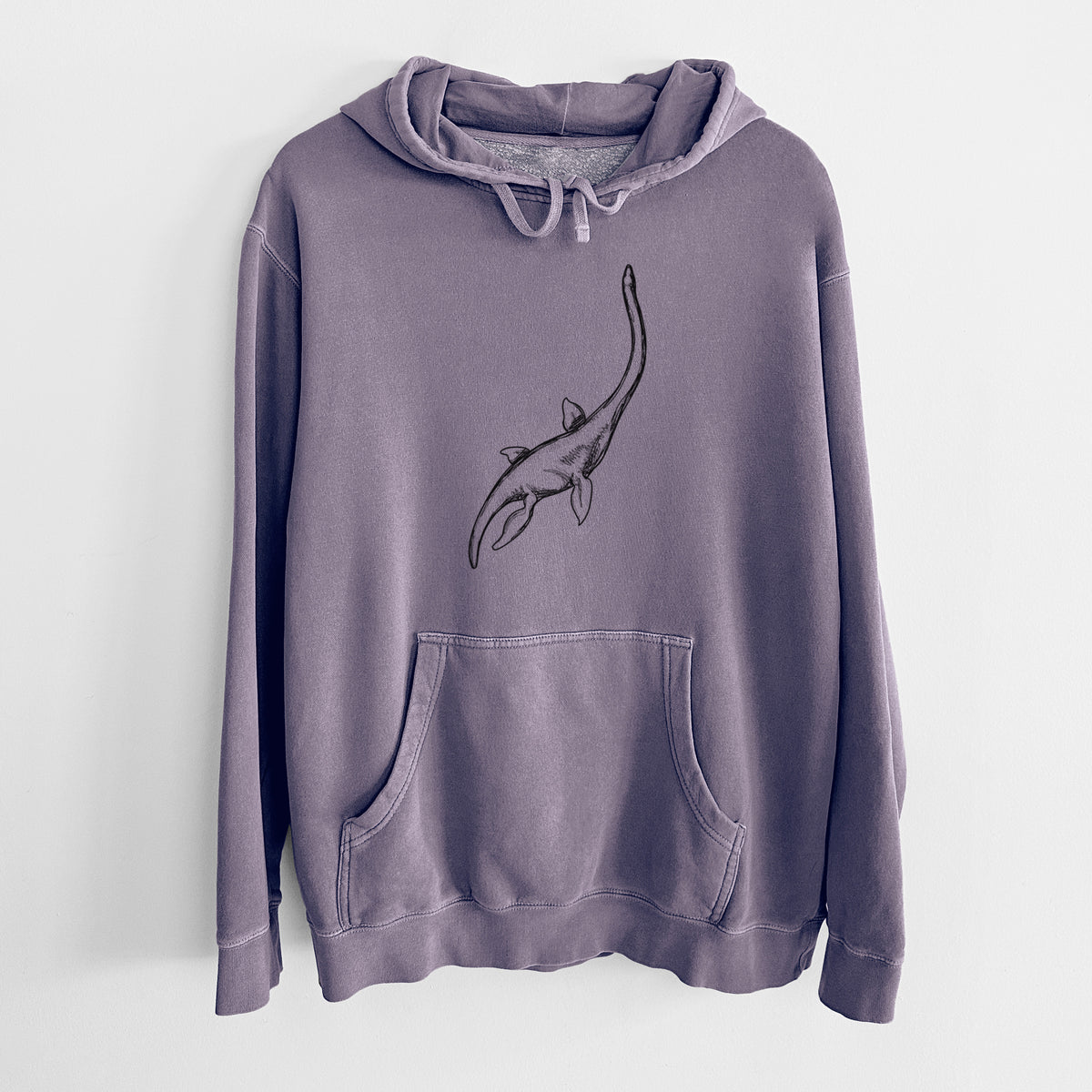 Plum purple pigment dyed hoodie laid flat, printed with a black ink illustration of a long-necked plesiosaur swimming.