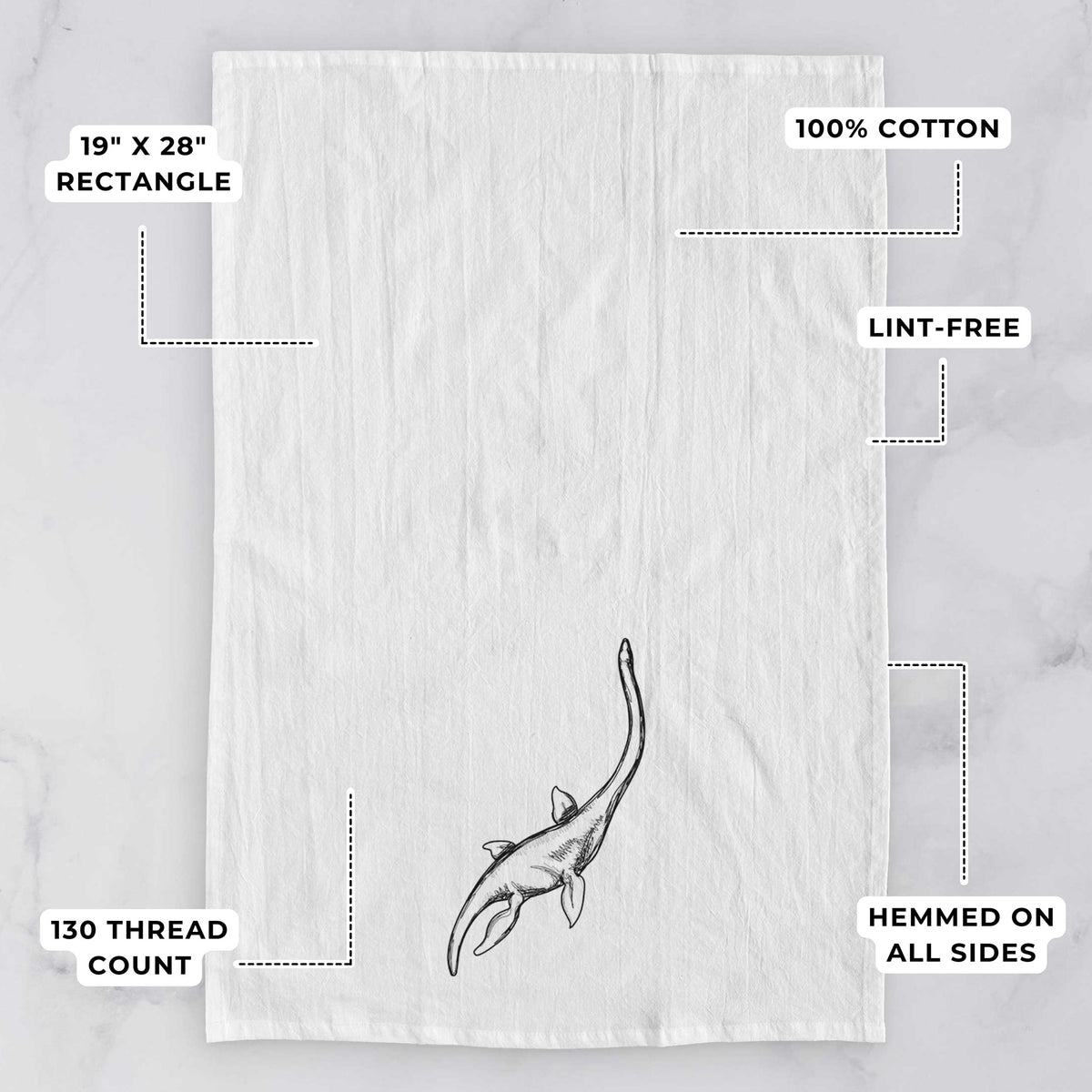 White tea towel printed with a black ink illustration of a long-necked plesiosaur swimming, with feature labels: 19 by 28 inch rectangle, 100% cotton, lint-free, 130 thread count, hemmed on all sides.
