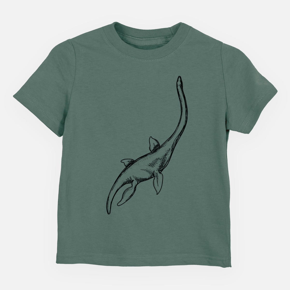 Basil green toddler t-shirt laid flat, printed with a black ink illustration of a long-necked plesiosaur swimming.