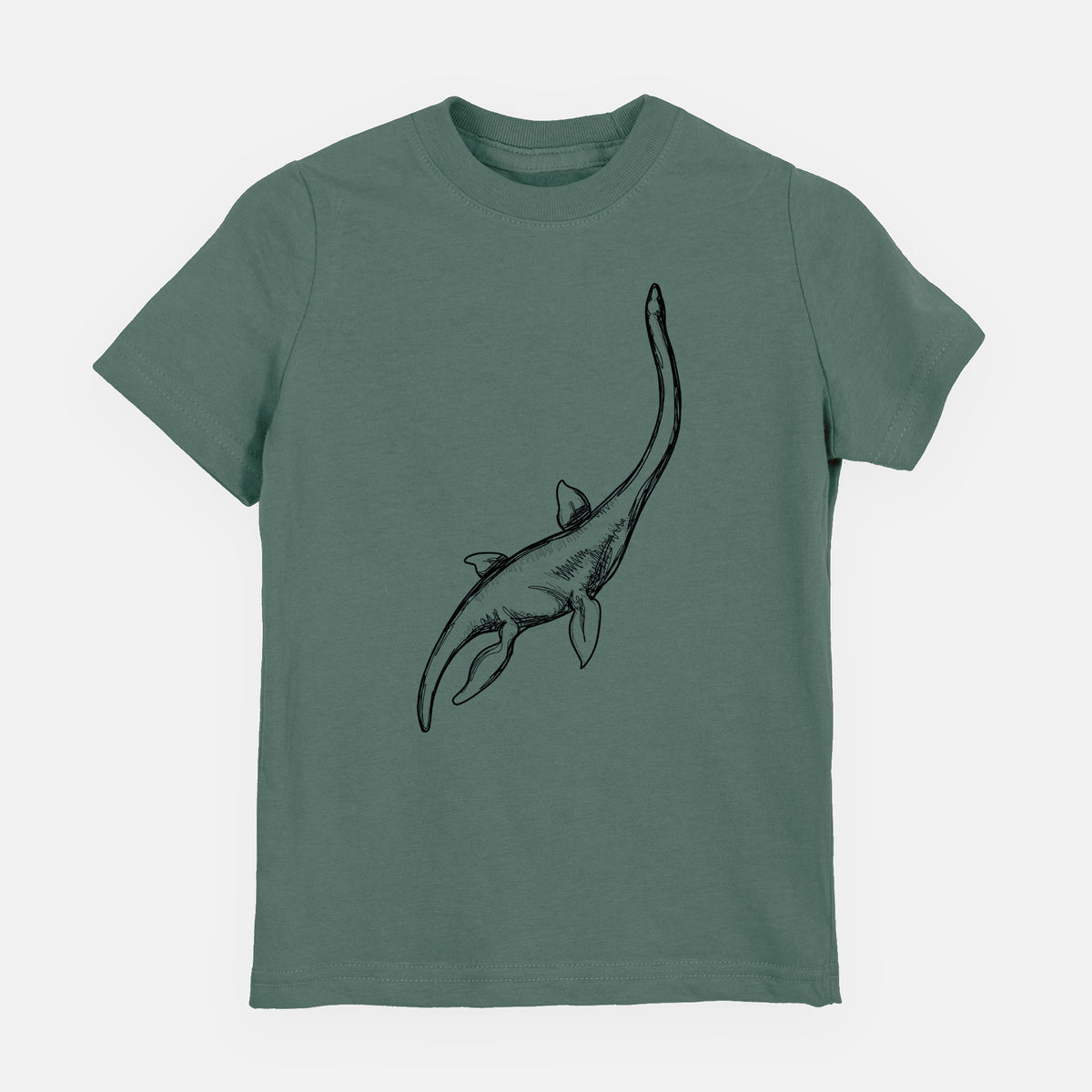 Basil green youth t-shirt laid flat, printed with a black ink illustration of a long-necked plesiosaur swimming.