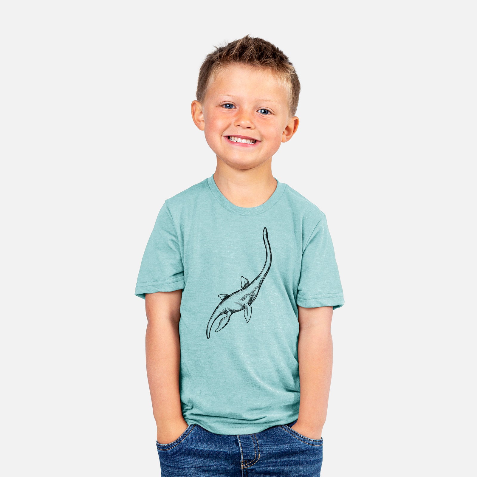 Two youth t-shirts in different colors on hangers, printed with a black ink illustration of a long-necked plesiosaur swimming.