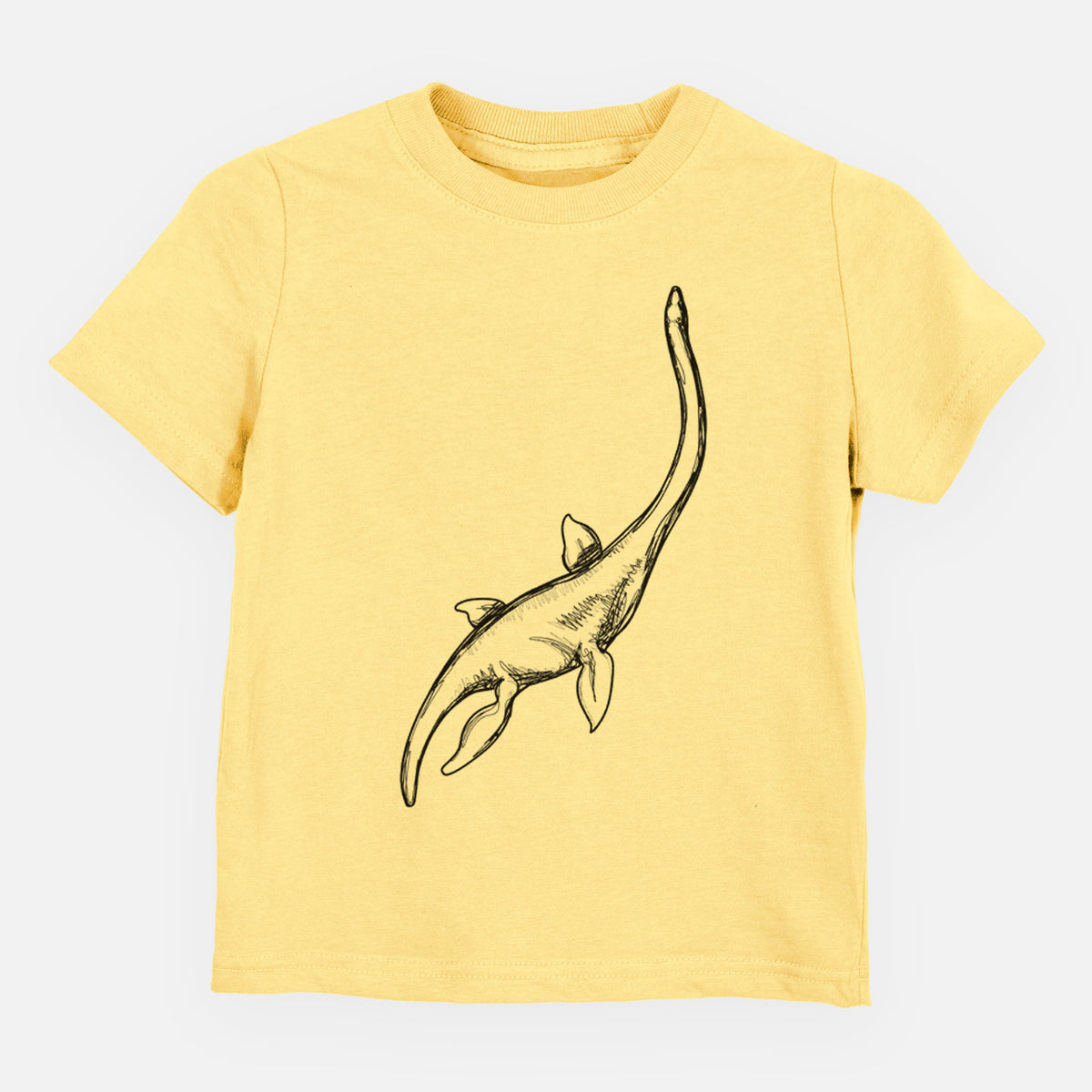 Butter yellow toddler t-shirt laid flat, printed with a black ink illustration of a long-necked plesiosaur swimming.