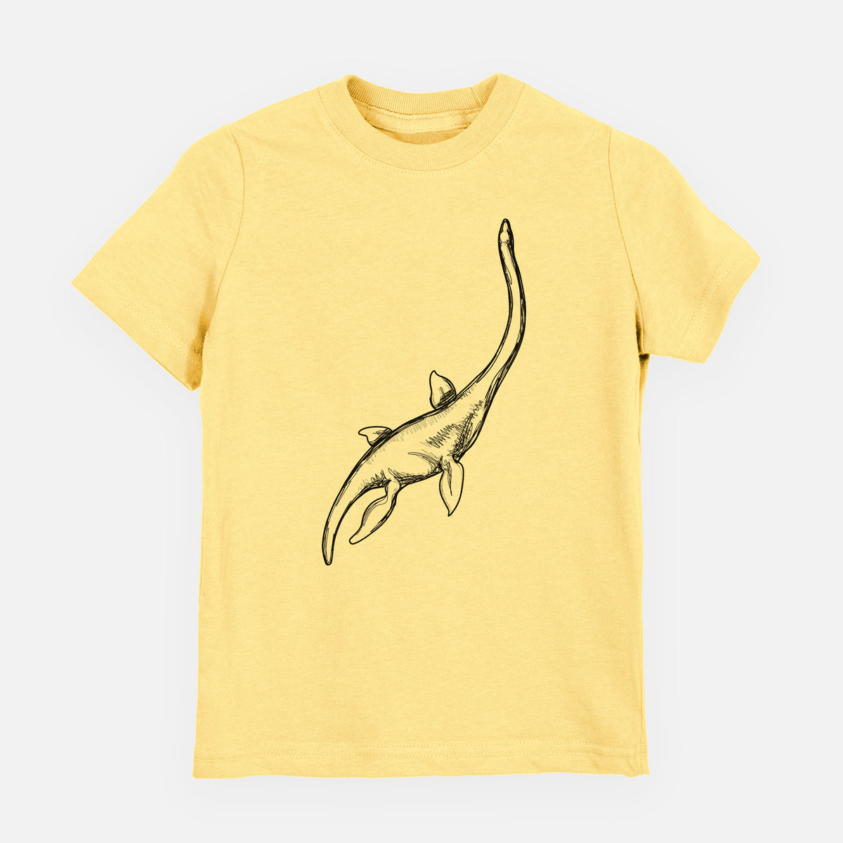 Butter yellow youth t-shirt laid flat, printed with a black ink illustration of a long-necked plesiosaur swimming.