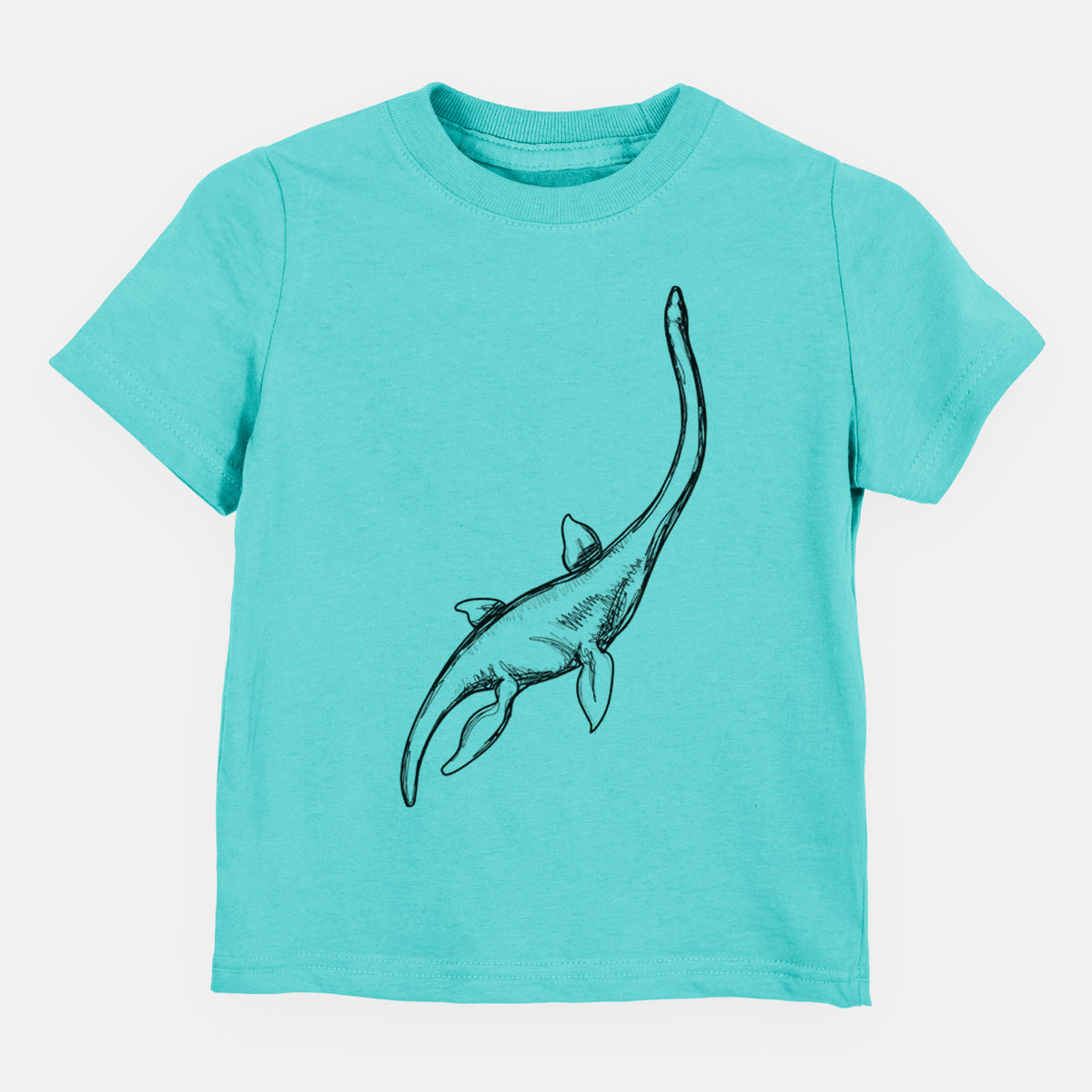 Caribbean blue toddler t-shirt laid flat, printed with a black ink illustration of a long-necked plesiosaur swimming.