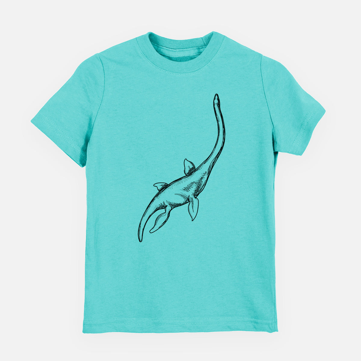 Caribbean blue youth t-shirt laid flat, printed with a black ink illustration of a long-necked plesiosaur swimming.