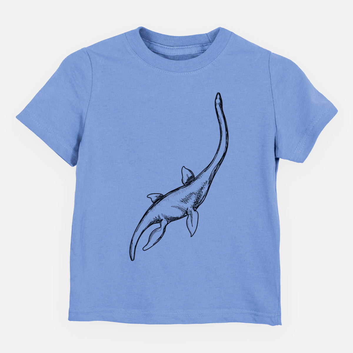 Carolina blue toddler t-shirt laid flat, printed with a black ink illustration of a long-necked plesiosaur swimming.